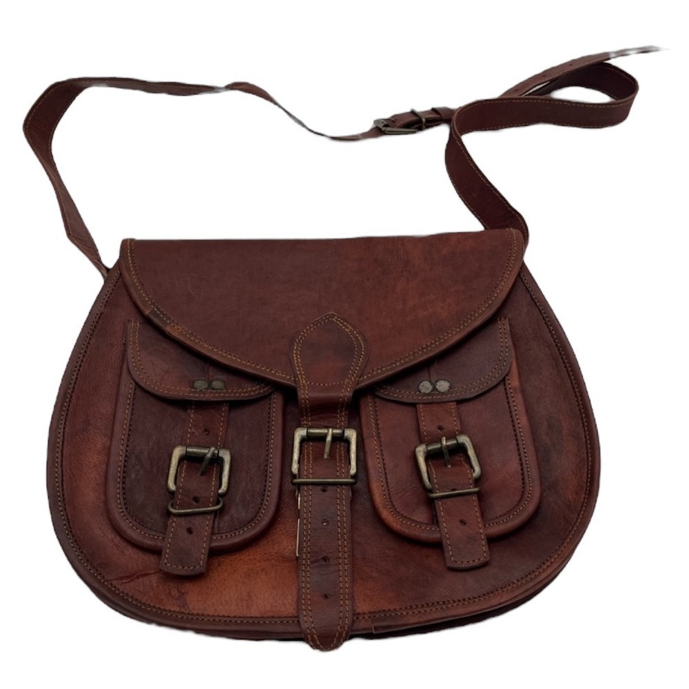 Unbranded Brown Leather Buckle Crossbody Round Saddle Hobo Bag